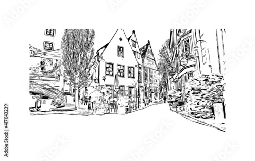 Building view with landmark of Bremen is a city straddling the Weser River in northwest Germany. Hand drawn sketch illustration in vector.