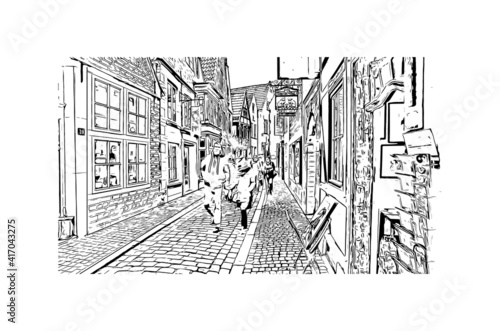 Building view with landmark of Bremen is a city straddling the Weser River in northwest Germany. Hand drawn sketch illustration in vector.
