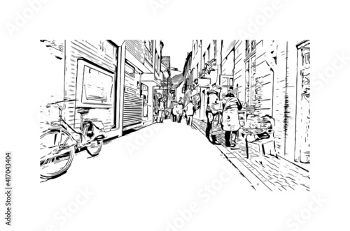 Building view with landmark of Bremen is a city straddling the Weser River in northwest Germany. Hand drawn sketch illustration in vector.