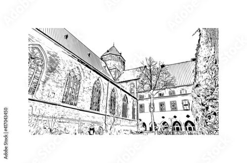 Building view with landmark of Bremen is a city straddling the Weser River in northwest Germany. Hand drawn sketch illustration in vector.