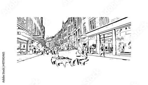 Building view with landmark of Bremen is a city straddling the Weser River in northwest Germany. Hand drawn sketch illustration in vector.