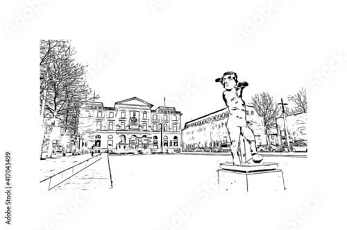 Building view with landmark of Bremen is a city straddling the Weser River in northwest Germany. Hand drawn sketch illustration in vector.