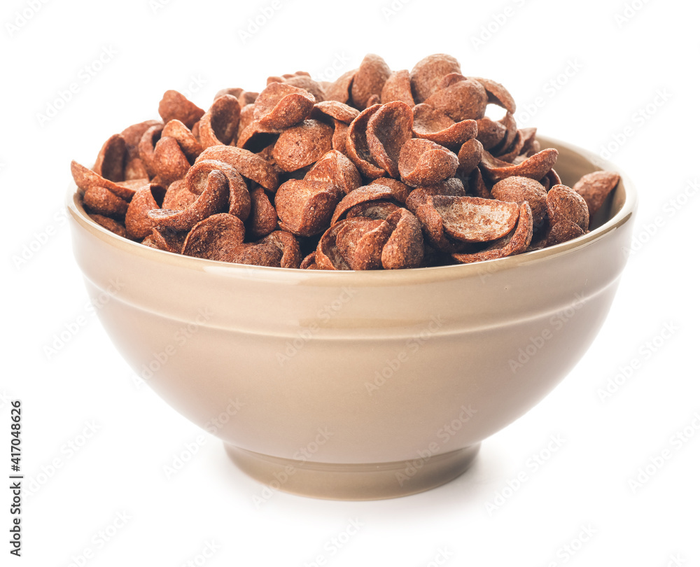 Bowl with tasty cornflakes on white background Bowl with tasty cornflakes on white background