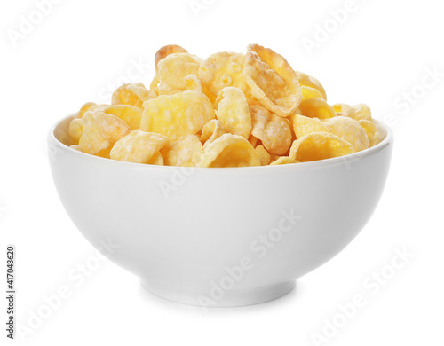 Bowl with tasty cornflakes on white background