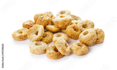 Heap of tasty cereal rings on white background