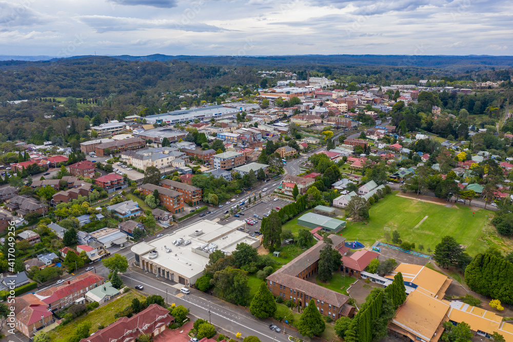 Aerial view of the town of Katoomba in The Blue Mountains in regional Australia