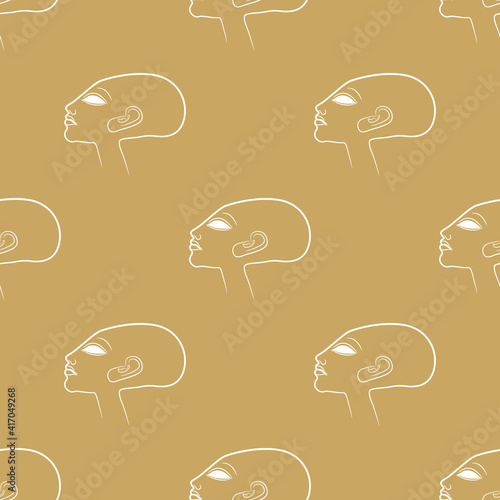 Seamless geometrical pattern with heads of bald ancient Egyptian princess. Amarna style. White linear silhouettes on yellow background.