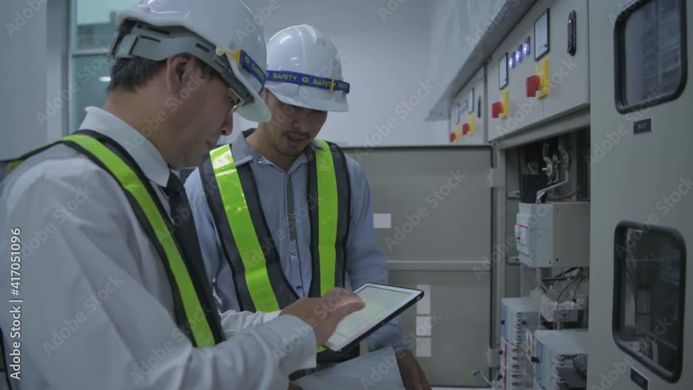 Engineer concept of 4k Resolution. Asian male workers are examining the system with modern tools. Engineer concept of 4k Resolution. Asian male workers are examining the system with modern tools.