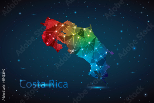 Abstract Polygon Map of Costa Rica. Vector Illustration Low Poly Color Rainbow on Dark Background