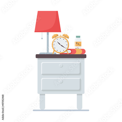 Bedside table with sleeping pills. Vector illustration isolated on white background.