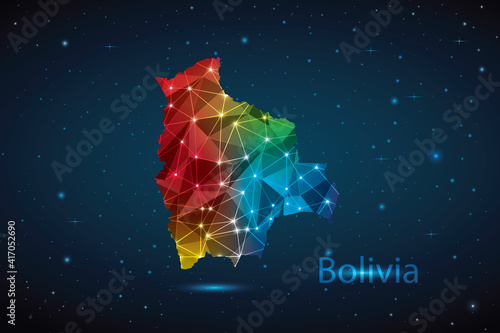 Abstract Polygon Map of Bolivia. Vector Illustration Low Poly Color Rainbow on Dark Background