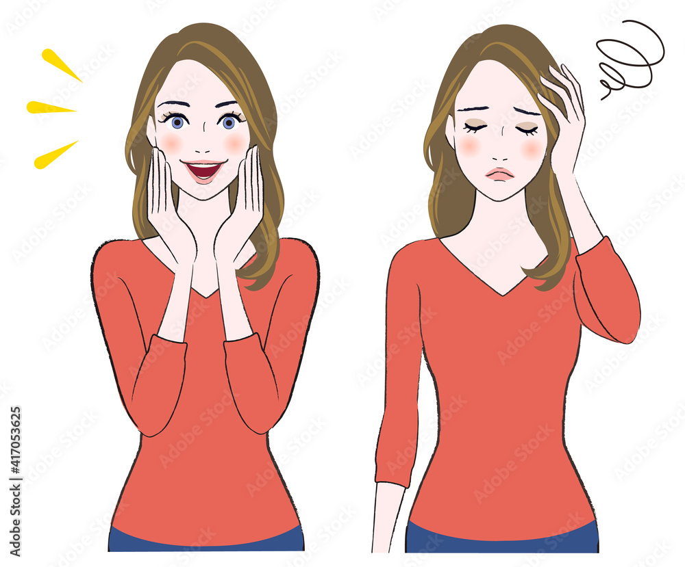 Set of illustrations of a woman happy and sad