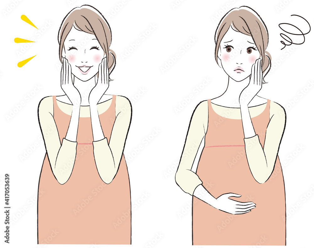 Set of illustrations of a pregnant woman happy and sad Set of illustrations of a pregnant woman happy and sad