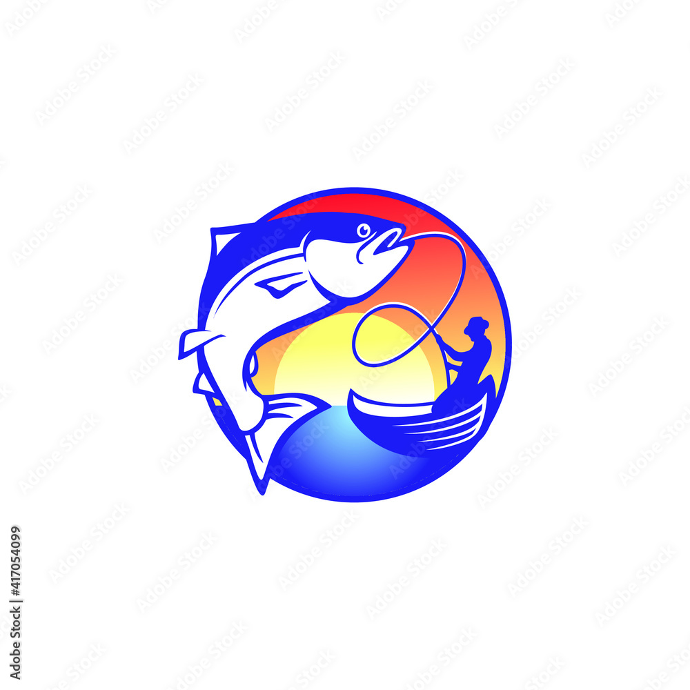 Fototapeta premium fisherman on boat got big fish logo illustration