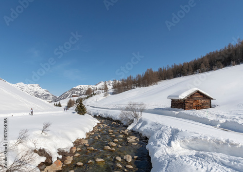 Panorama of Livigno (altitude 1816 m) in winter. Valtellina, Italy