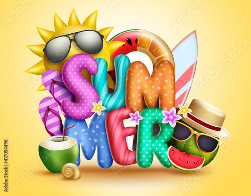 Summer 3d vector concept design. Summer 3d text with sun, fruits character in sunglasses and tropical elements like floater and surfboard for fun and enjoy holiday vacation. Vector illustration
