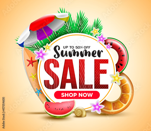 Summer sale vector banner template. Summer sale shop now text with elements like umbrella, fruits floater and palm leaves for tropical beach advertisement discount promo. Vector illustration
