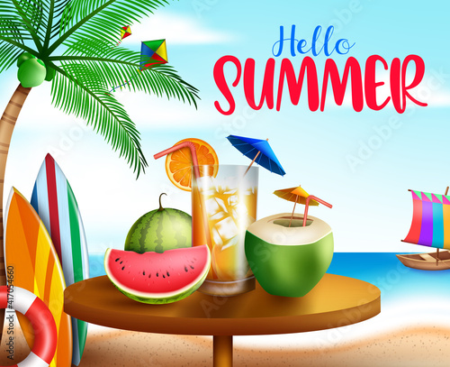 Hello summer vector banner design. Hello summer text in beach background with colorful tropical elements like drinks and fruits for relax outdoor holiday season vacation. Vector illustration
