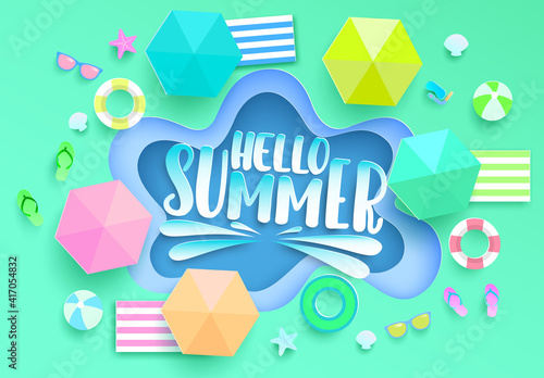 Hello summer vector concept design. Hello summer text with colorful swimming pool paper cut and elements like umbrella and floater for tropical holiday season background. Vector illustration
