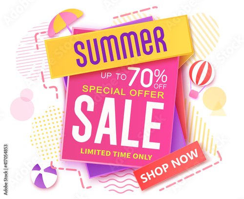 Summer sale vector banner design. Summer sale up to 70% text off shopping offer in paper art and pattern background for tropical season special promo advertisement. Vector illustration
