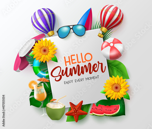 Hello summer vector banner template. Hello summer enjoy every moment text in white space with beach elements like beach ball, sunglasses, floater and umbrella for tropical season background.