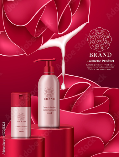 Cosmetic rose product vector poster template. Cosmetic lotion products with rose natural fragrance for mockup commercial advertisement design. Vector illustration
