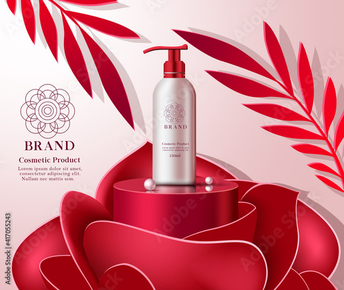 Cosmetic rose product vector banner template. Cosmetics lotion product with rose extract for beauty skin care mock up commercial promotion design. Vector illustration
