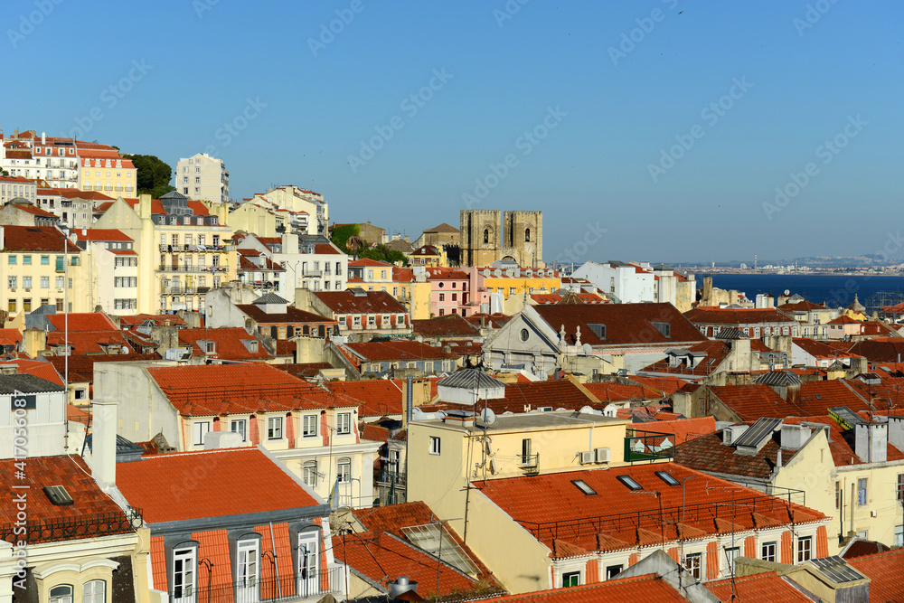 Lisbon Cathedral (Se de Lisboa) and Tagus River at Alfama district, Lisbon, Portugal. 