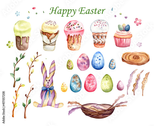 Hand drawn watercolor set for easter. Bright Easter cupcakes  colorful eggs  twigs and an Easter bunny  wicker basket  flowers. Design for posters  greeting cards  gifts and more.