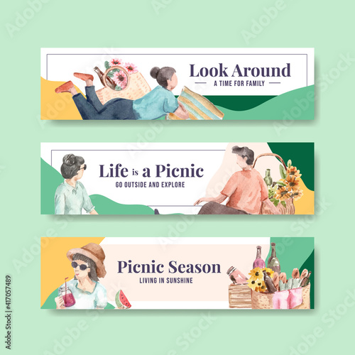 Banner template with picnic travel concept for advertise and marketing watercolor illustration