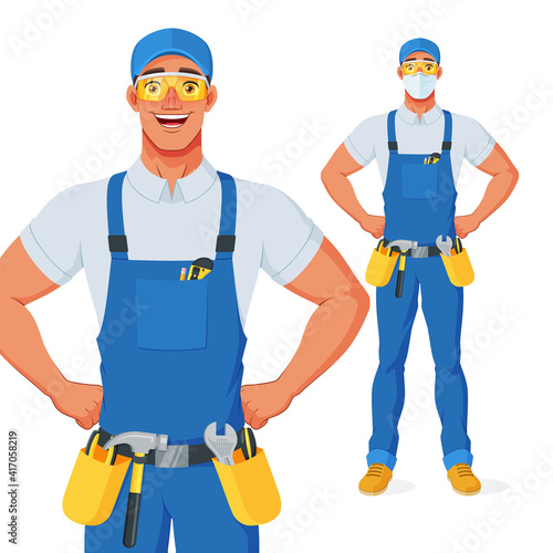 Handyman in bib overalls and protective glasses with arms akimbo. Vector cartoon character.