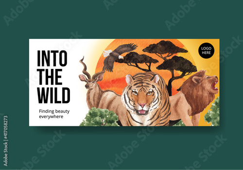 Billboard template with savannah wildlife concept design watercolor illustration