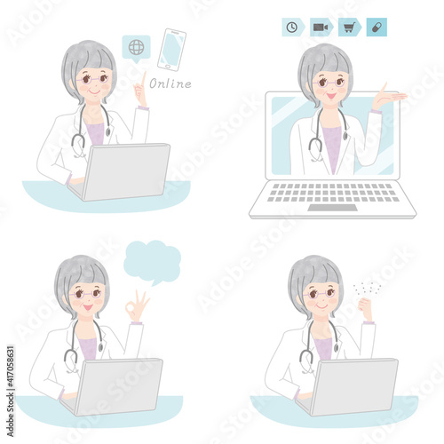 オンライン診察をするシニア女性医師とパソコン　