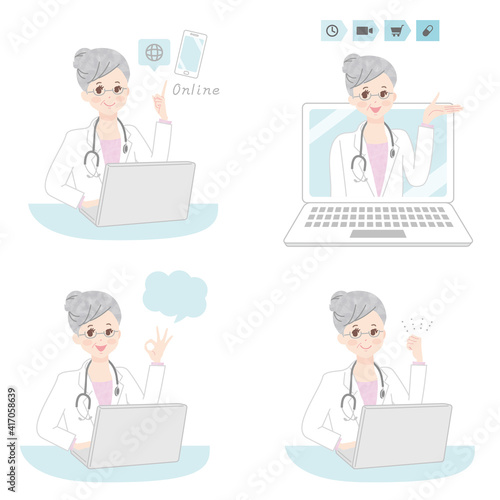 オンライン診察をするシニア女性医師とパソコン　
