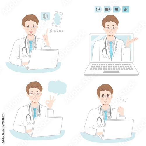 オンライン診察をする若い男性医師とパソコン