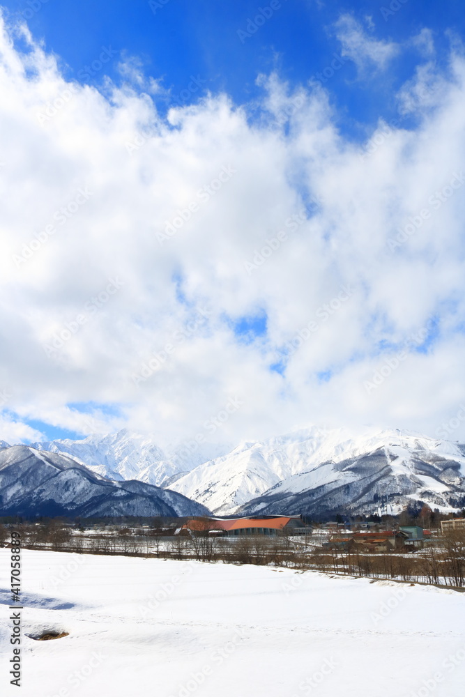 Fototapeta premium 北アルプスがそびえる白馬の雪に包まれた白い世界 