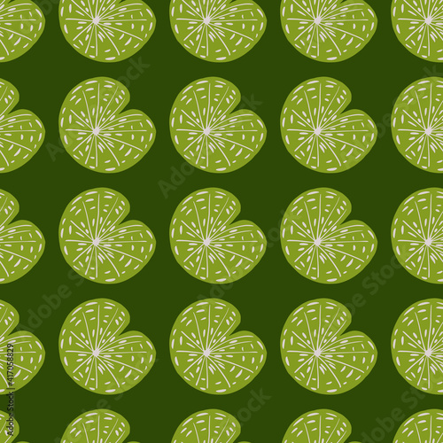 Scrapbook botany seamless pattern in green olive tones with hand drawn simple lily water silhouettes print.