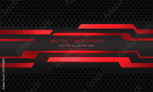 Abstract red cyber circuit line banner on black metallic circle mesh design modern futuristic technology background vector illustration.