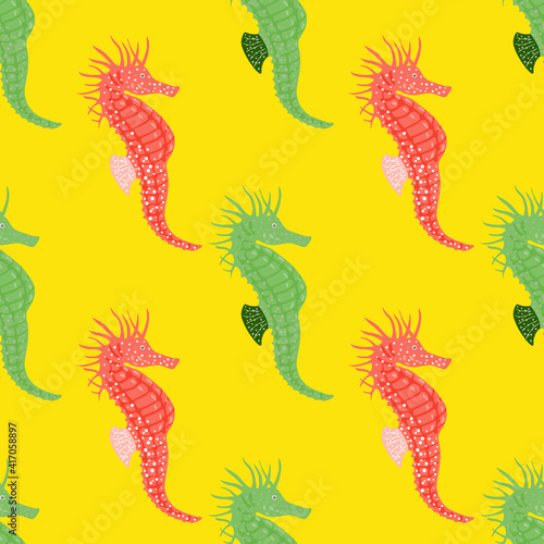 Nature seamless pattern with green and pink colored seahorse ornament. Yellow background.