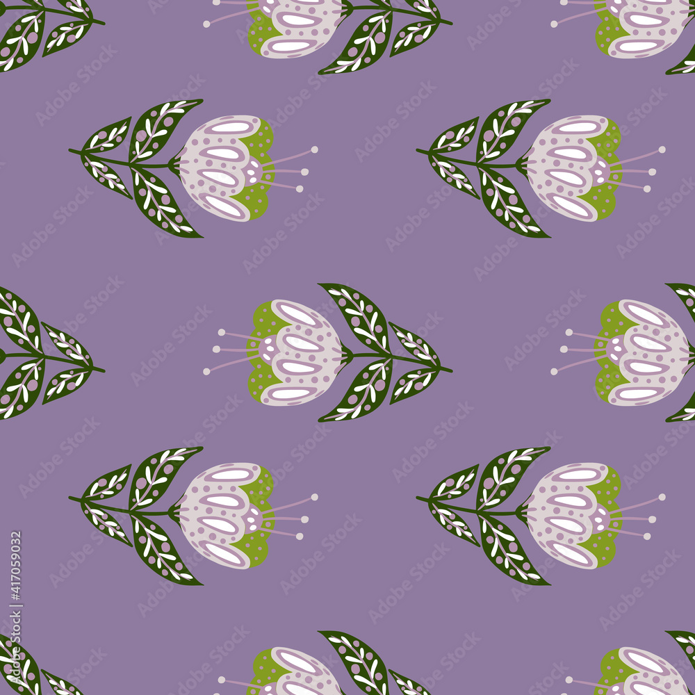 Naklejka premium Floral seamless pattern with vintage folk flowers ornament. Pastel purple background. Meadow flora backdrop.