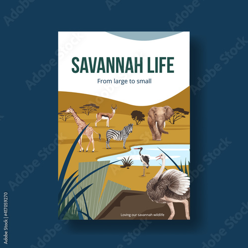 Photography Poster template with savannah wildlife concept design watercolor illustration