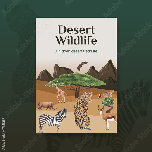 Poster template with savannah wildlife concept design watercolor illustration