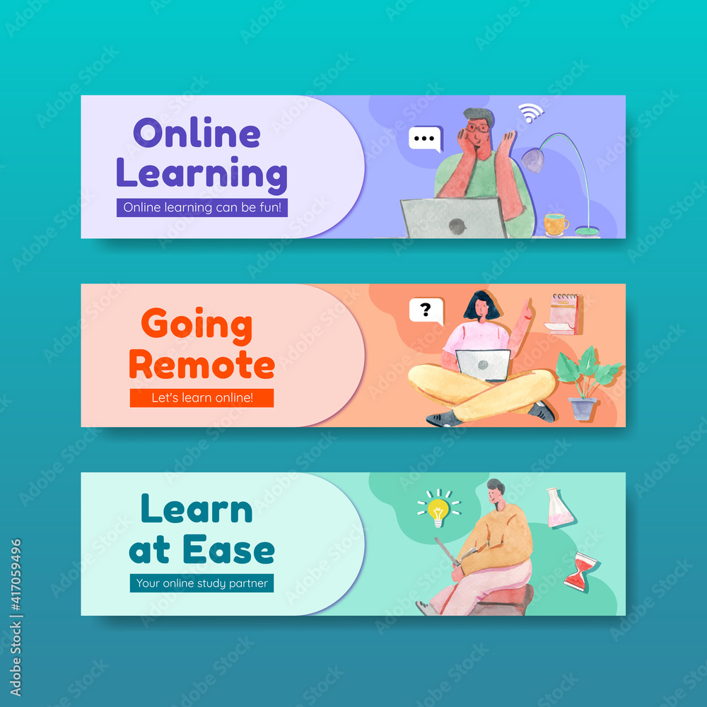 Banner template with online learning concept design for advertise and marketing watercolor illustration Banner template with online learning concept design for advertise and marketing watercolor illustration