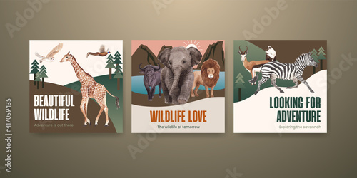 Advertise template with savannah wildlife concept design watercolor illustration