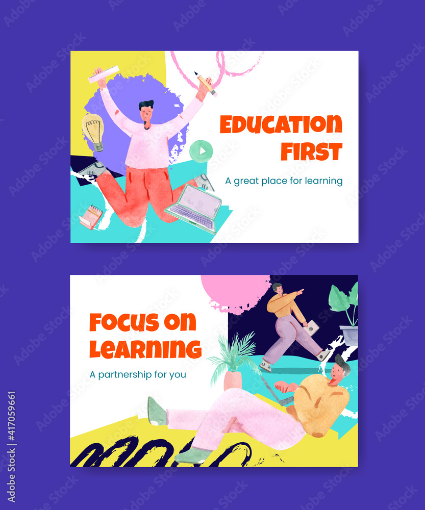 Facebook template with online learning concept design for social media and community watercolor illustration