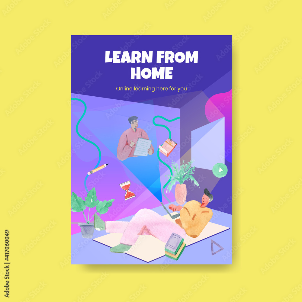 Poster template with online learning concept design for advertise and brochure watercolor illustration Poster template with online learning concept design for advertise and brochure watercolor illustration