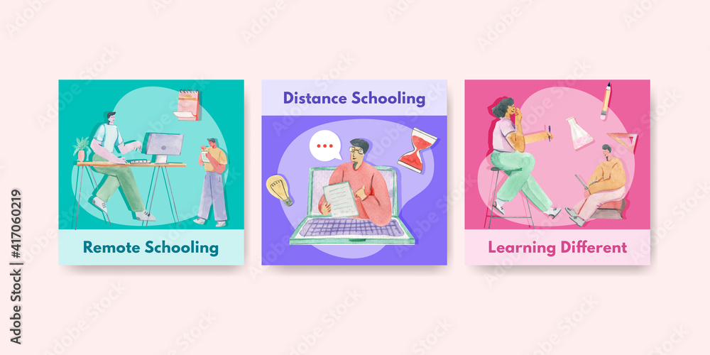 Advertise template with online learning concept design for marketing watercolor illustration Advertise template with online learning concept design for marketing watercolor illustration