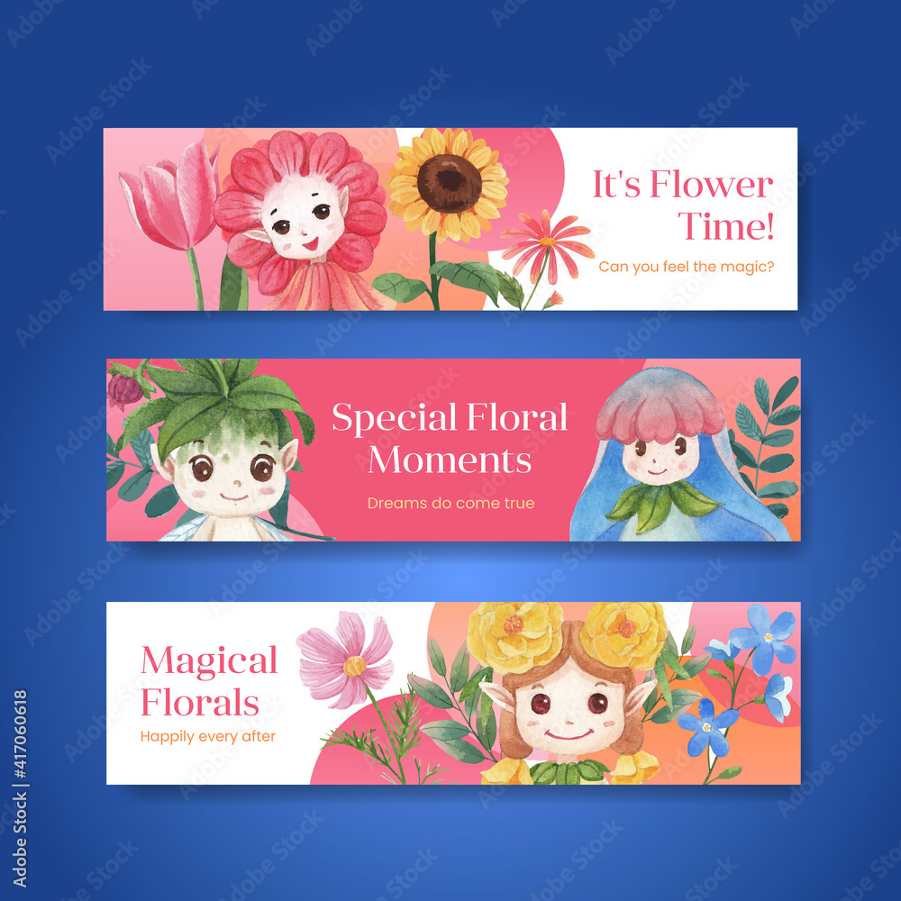 Fototapeta premium Banner template with floral character concept design watercolor illustration