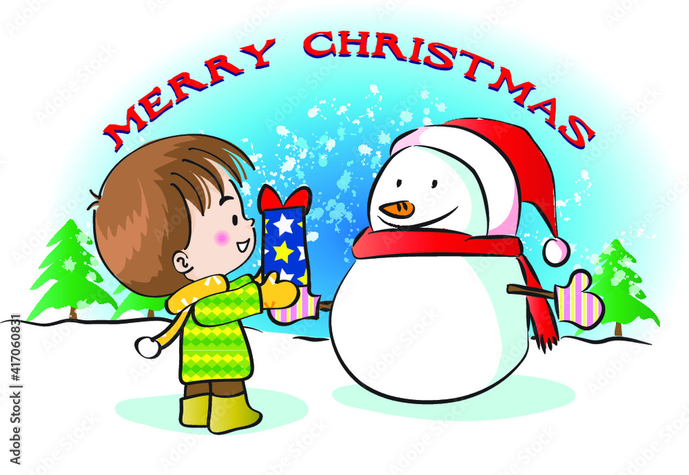 Naklejka premium vector cartoon Merry Christmas day boy and snowman