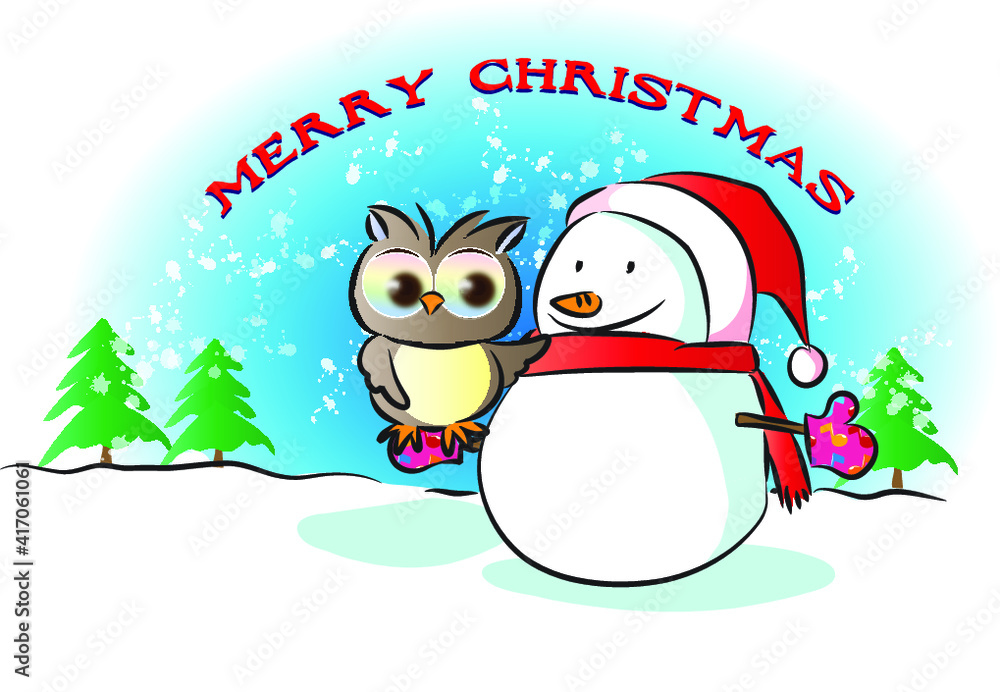 vector cartoon Merry Christmas day owl and snowman vector cartoon Merry Christmas day owl and snowman